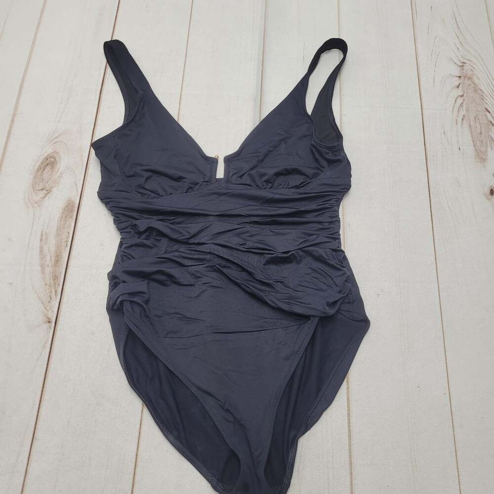 Lauren Ralph Lauren black plunge one piece swimsuit shirred 14 gold hi cut